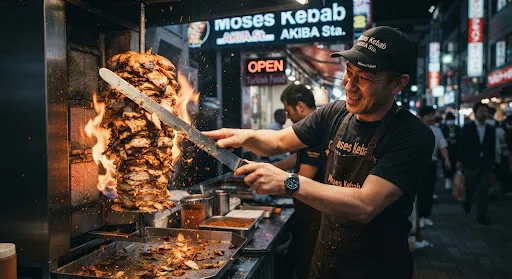 Juicy Chicken Döner roasting on vertical spit in Tokyo